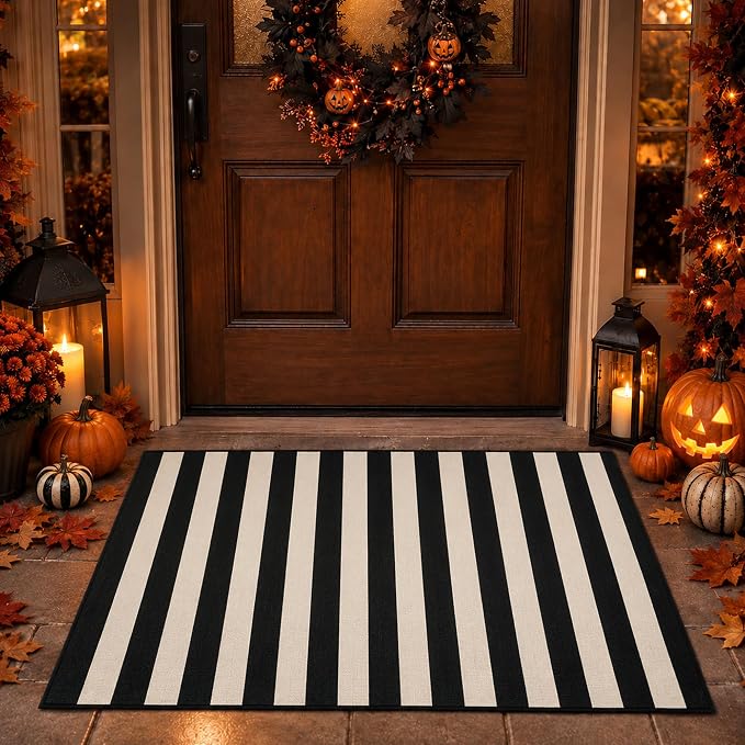 3′ x 5′ Halloween Rug, Cream Black Wide Stripe Fall Front Door Mat
