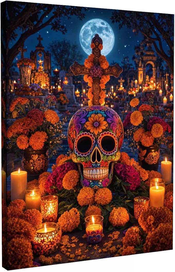 Tela Stories Day of the Dead Sugar Skull Canvas Wall Art for Living Room, 12x16 Inches, Portrait, Rectangular, Skull Theme, Unframed - skull candle