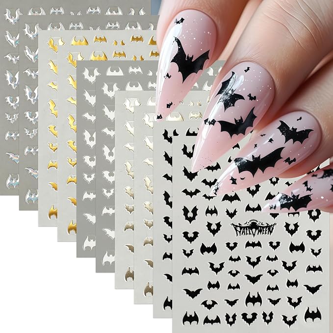 10Pcs Gothic Halloween Bats Nail Art Stickers 3D Self-Adhesive Black White Gold Silver Bat Nail Decals Bat Nails Design Halloween Bats French Manicure Decoration Accessories Supplies for Women - skull sticker