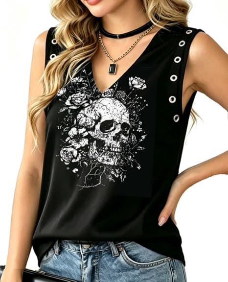 Country Concert Tops Graphic Tank Tops for Women Concert Tops Western Tops Rock Band T Shirt V Neck Tops for Women - skull tank tops