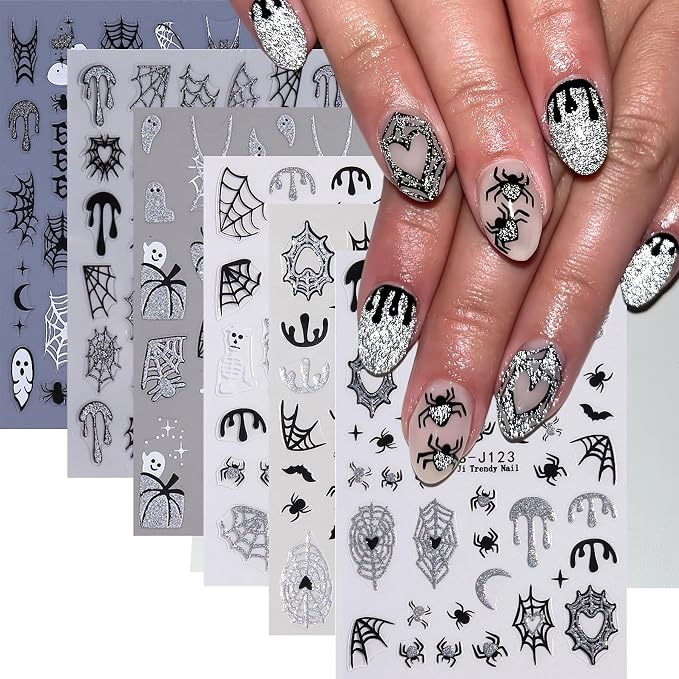 6Sheets Gothic Nail Stickers 3D Self-Adhesive Glitter Ghost Bat Nail Decals Skull Spider Web Blood Drop Knife Nail Designs Pumpkin Spider Nail Art Stickers Halloween Supplies for Women Manicure DIY - skull sticker
