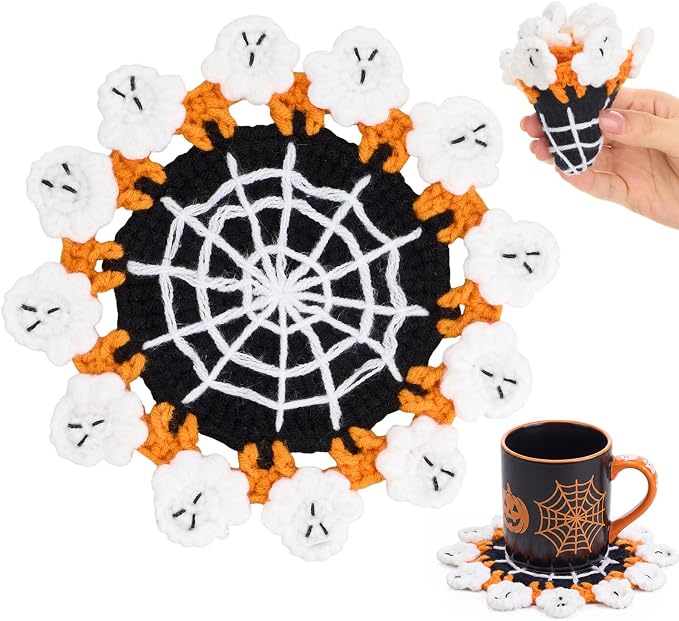 Gilprop Halloween Crochet Coaster, Handmade Ghost Drink Knitted Coaster - skull coaster