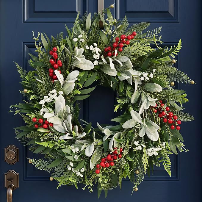 24" Realistic Christmas Wreath with Red Berries and Lambs Ear Leaves - skull wreath