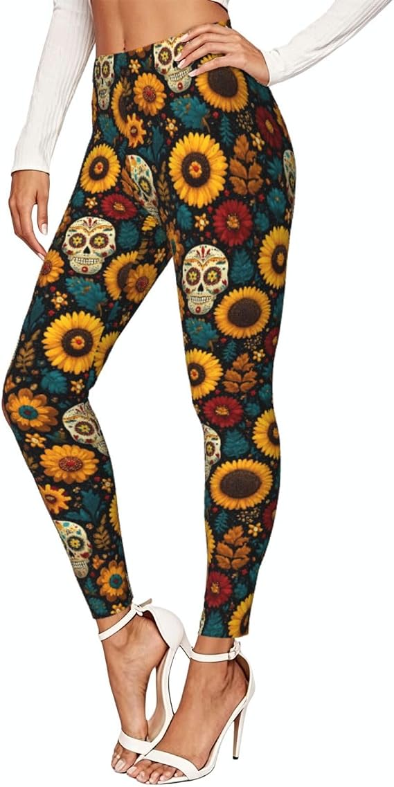 Women's High Waisted Leggings-Sugar Skull - skull leggings