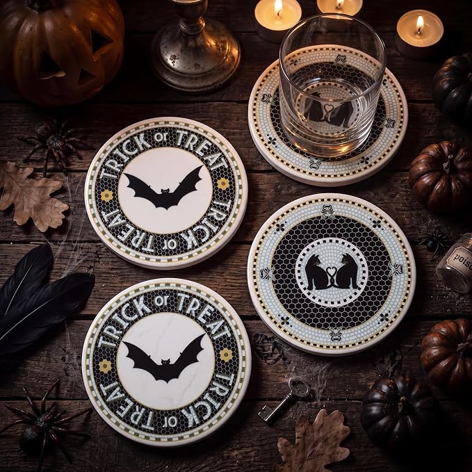 4 Pcs Halloween Vintage Bat Black Cat Marble Coasters 4 Inch - skull coaster