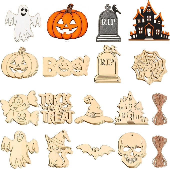 48 Pcs Halloween Ornaments to Paint, 12 Styles DIY Blank Unfinished Wood Slices Halloween Cutouts Ornament, Wooden Skull Pumpkin Ghost Bat Boo Trick or Treat Ornaments for Party Hanging