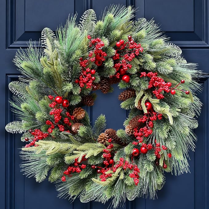 24 Inch Cedar Christmas Wreath with Red Berries and Pine Needles - skull wreath