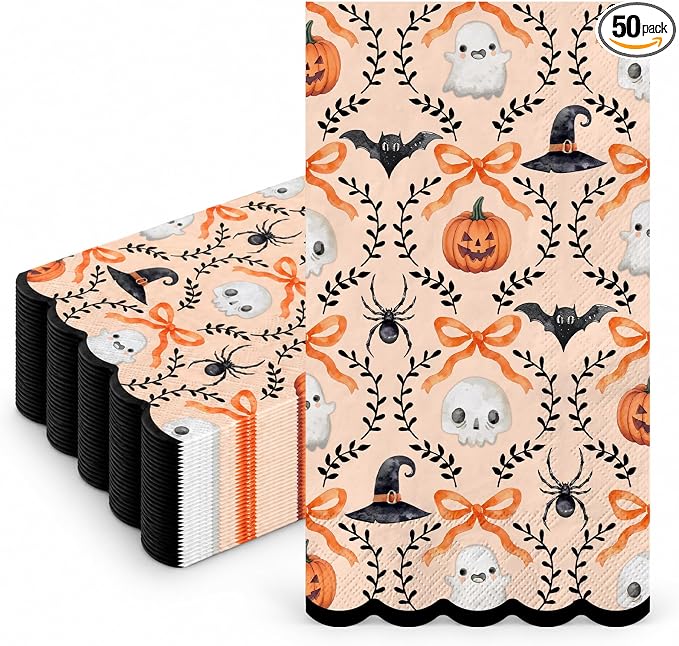 JarThenaAMCS 50Pcs Halloween Guest Napkin, Ghost Pumpkin Bat Bow, Scalloped - skull toilet paper