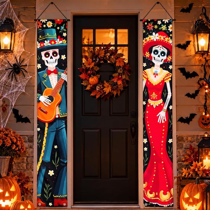 Lighted Halloween Porch Sign Banners,Dia De Los Muertos Decor - skull floor mat