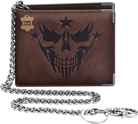 Men's Genuine Leather Chain Wallet: RFID Biker Wallet with Holds 12+ Cards - skull wallet