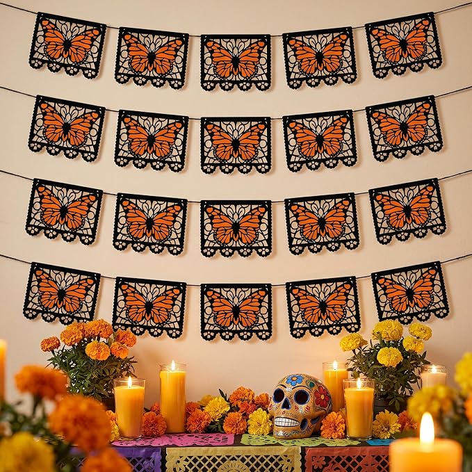 64 Pcs Dia De Los Muertos Monarch Butterfly Banner Hanging Decoration - skull carpet