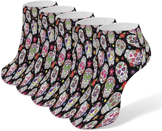 Colorful Vintage Sugar Skull Ankle Socks for Man Women 5 Pairs - sugar skull costume