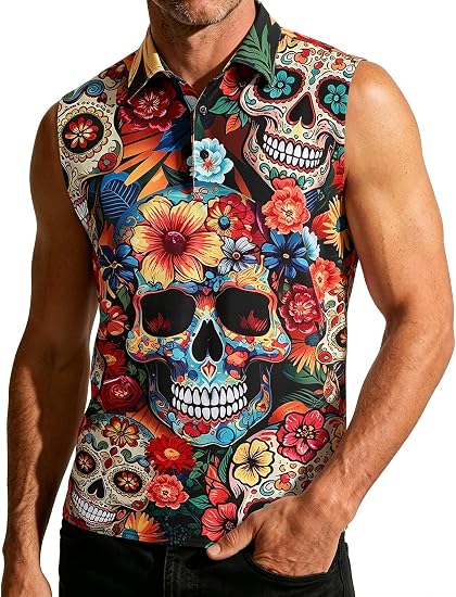 Men's Novelty Top Sleeveless Polo Shirts - skull tank tops