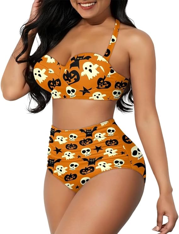 Yewattles Womens Bikini Two Piece Swimsuits Tummy Control Bathing Suits High Waisted Bikini Swimwear - skull swimsuit