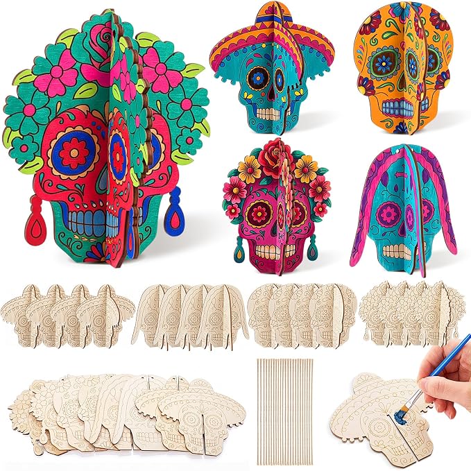 Chunful 12 Sets Day of The Dead Decor, 3D DIY Sugar Skull Wood Crafts - sugar skull ornament