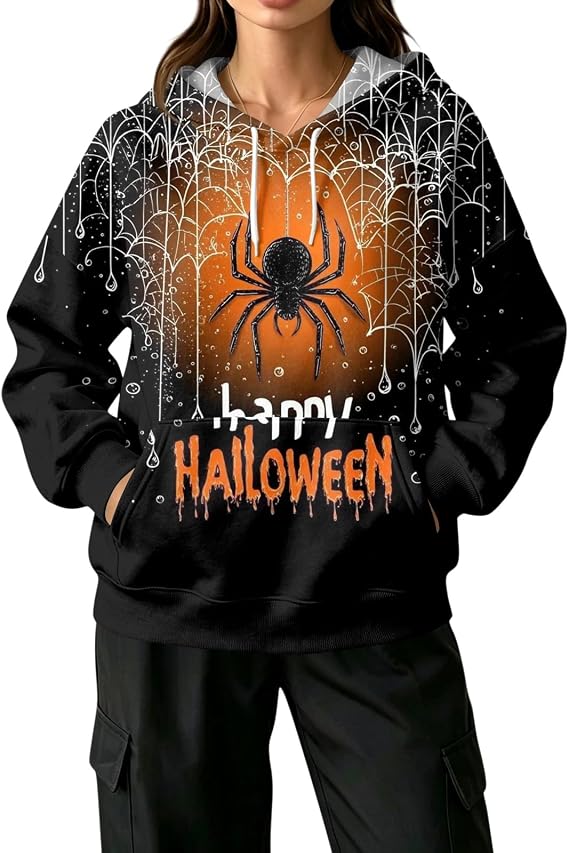 Halloween Hoodies for Women with Long Sleeve Pocket Plus Size Spooky Season - skull hoodie