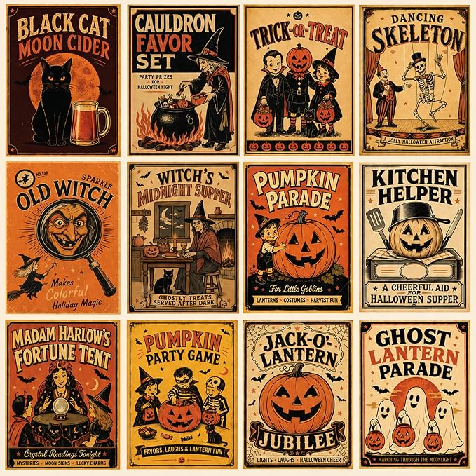 Emotional Uplifting 12 Pcs Vintage Halloween Posters, 8×10 Inches Poster Retro Halloween Wall Decor on C300 paper with pumpkins, ghosts, witches, skeletons and black cats.