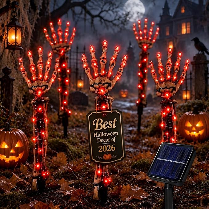 Solar Powered Halloween Decorations Halloween Pathway Lights Outdoor Lighted Holiday Displays Garden Yard Decor 5 Pack Light Up Ground Breaker Skeleton Hands Decor Walkway Pathway Stake Lights - string light