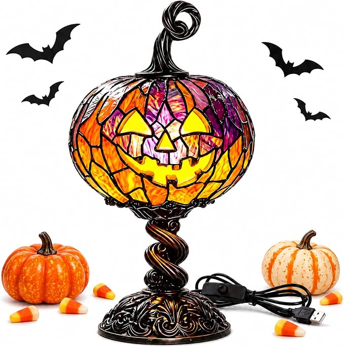 New Halloween Pumpkin Table Lamp - Gothic Resin Pumpkin Glow Lamp, USB Powered, Retro Decorative Table Lamp for Bedroom, Bookshelf, Halloween Seasonal Decor - skull lamp