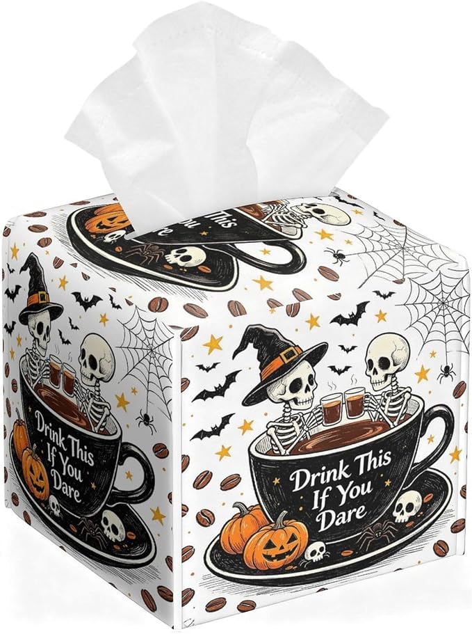 Halloween Skull Tissue Box Cover, Square Funny Leather Tissue Case Holder - skull toilet paper