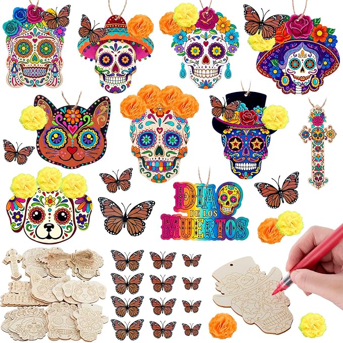 Novabright 62 Pcs Day of the Dead Skull Wooden Craft Ornaments to Paint - skull painting