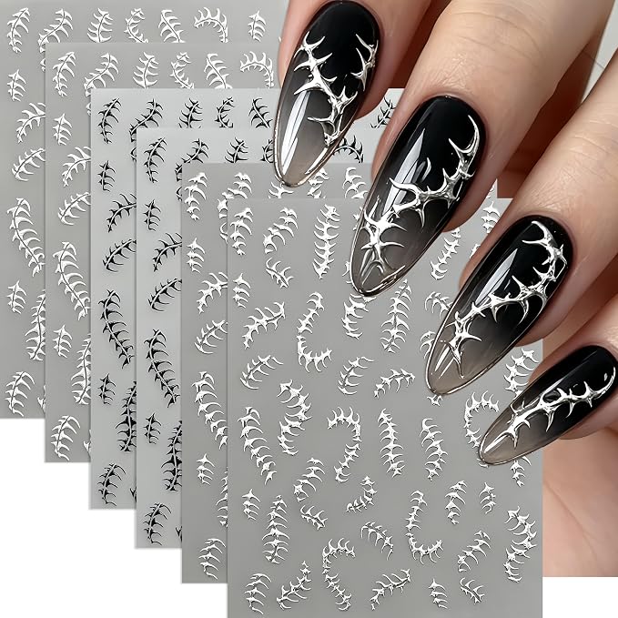 3 Sheets Goth Nail Stickers 3D Self-Adhesive Thorn Vine Nail Decals Black White Silver Thorn Vine Nails art Design Retro Punk Style Nail Art Stickers Gothic Halloween Nails Supplies for Women Manicure - skull sticker