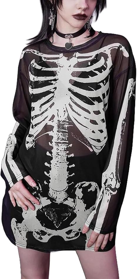 Women Long Sleeve Mesh Top See Through Shirt Dress Blouse - sugar skull dress