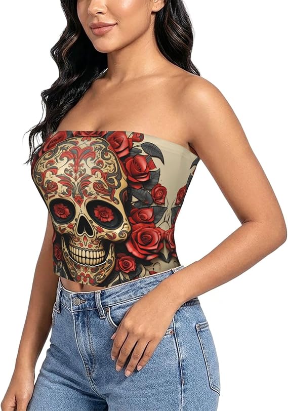 Womens Tube Tops Strapless Bandeau Crop Tank Top Non-Slip Sleeveless Blouse - skull tank tops