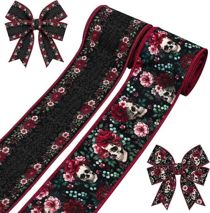 Gothic Ribbon Halloween Wired Ribbon Skull Rose Pattern 2 Rolls - skull wreath