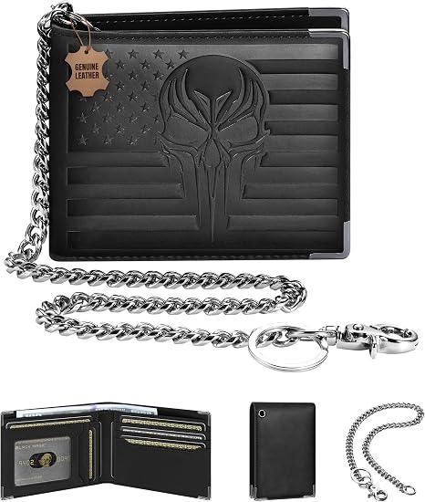 Full Grain Leather Chain Wallet: Bifold Mens Biker Wallet with Metal Corner - skull wallet