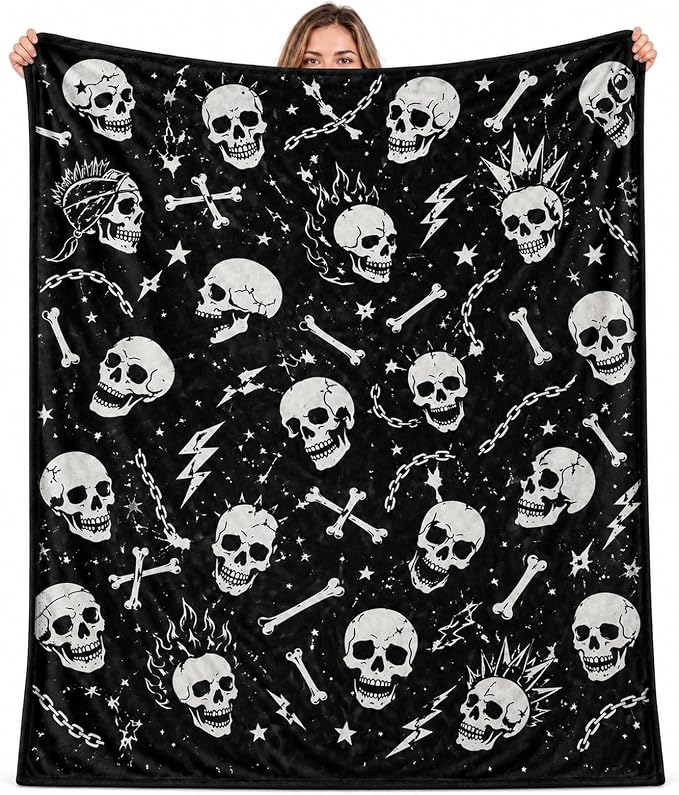 Halloween Blankets, Skull Blanket with Gothic Bones & Chains, Black Throw - skull blanket