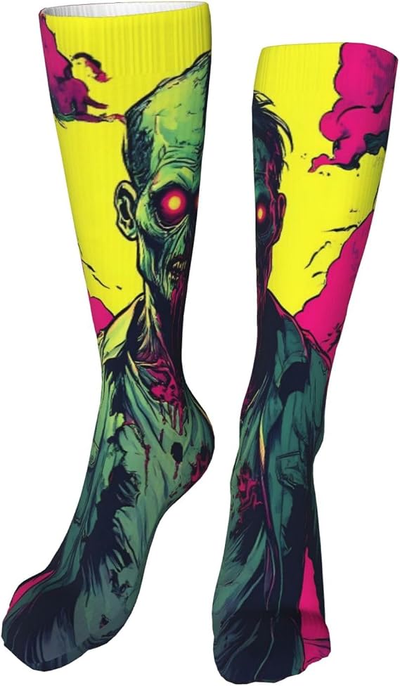 Knee High Compression Socks Ribbed Cuff 19.8 In-Neon Zombie Skull - sugar skull costume