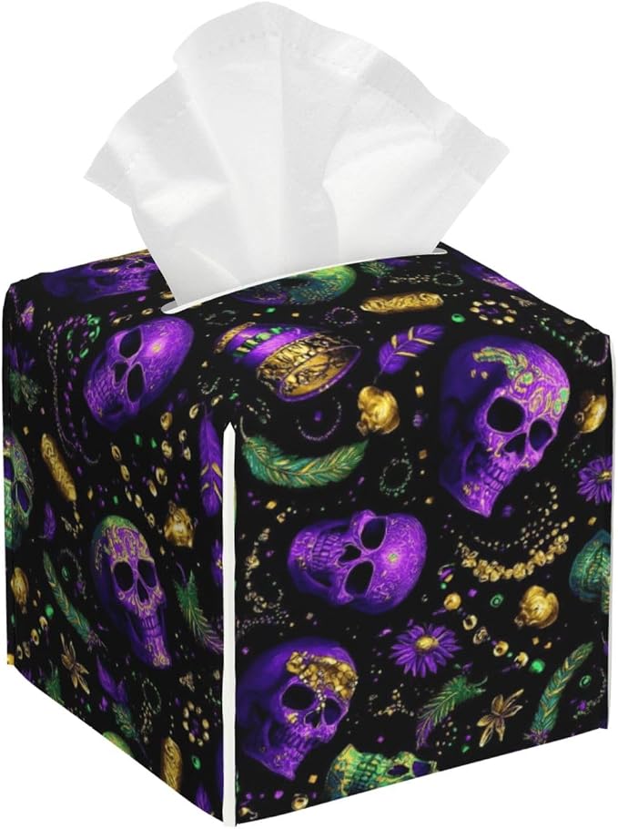 Tissue Box Cover Bottom Opening 5.2 in Cube-Mardi Gras Skulls 1 - skull toilet paper