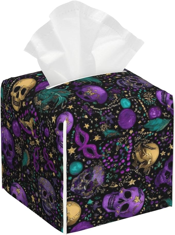 Tissue Box Cover Bottom Opening 5.2 in Cube-Mardi Gras Skulls - skull toilet paper