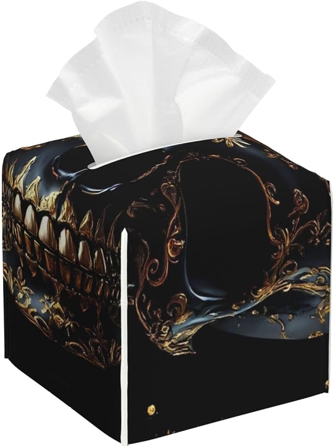 Tissue Box Cover Bottom Opening 5.2 in Cube-Gold Pattern Black Skull - skull toilet paper