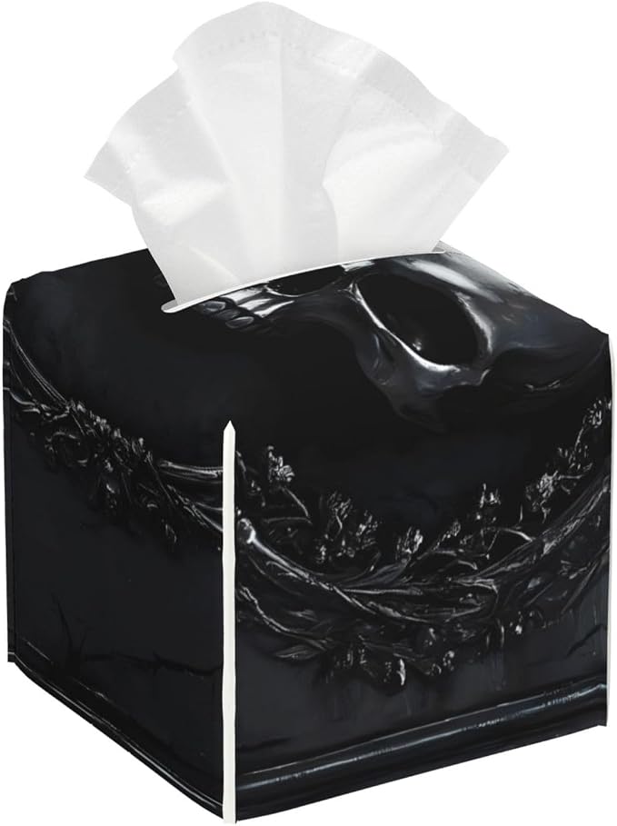 Tissue Box Cover Bottom Opening 5.2 in Cube-Ornate Dark Skull Book - skull toilet paper