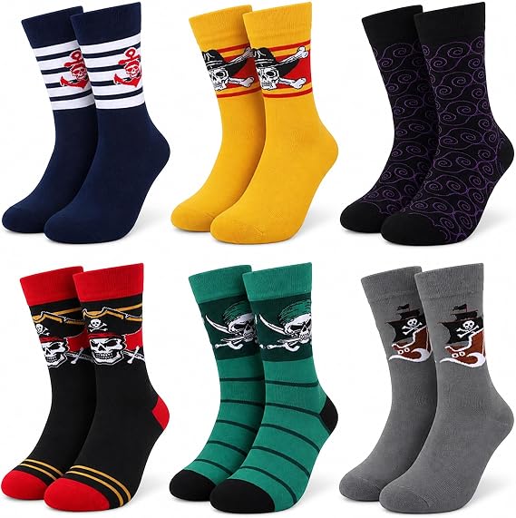 6 Pairs Pirate Themed Socks for Men Nautical Novelty Crew Sock - sugar skull costume