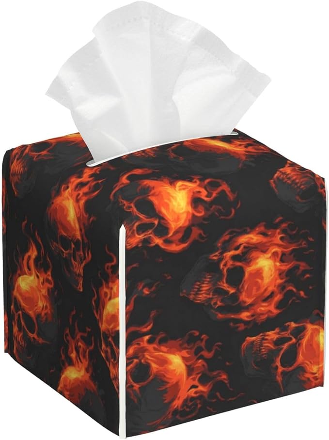 Tissue Box Cover Bottom Opening 5.2 in Cube-Fire Skull - skull toilet paper
