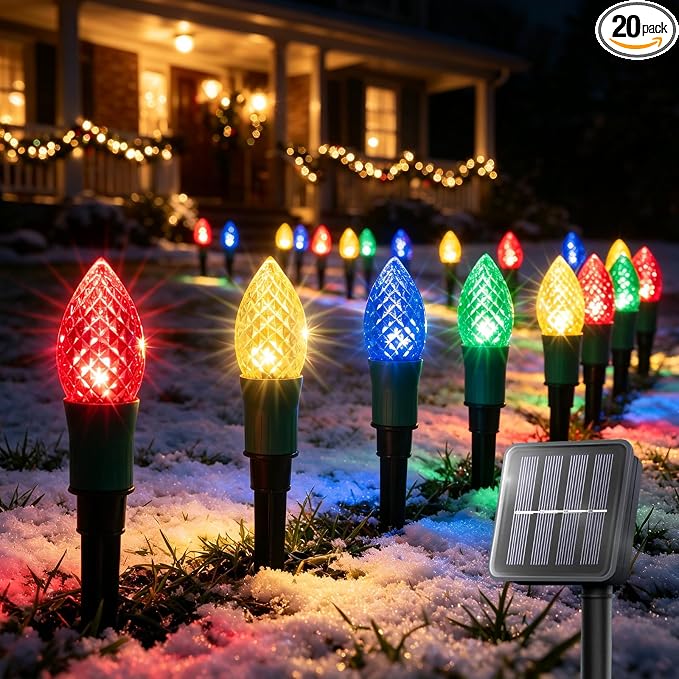 20 LED 23FT C9 Solar Colorful Outdoor Christmas String Lights with Stakes - string light