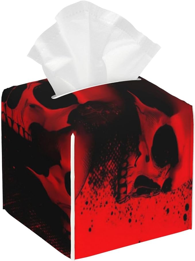 Tissue Box Cover Bottom Opening 5.2 in Cube-Red and Black Abstract Skull - skull toilet paper