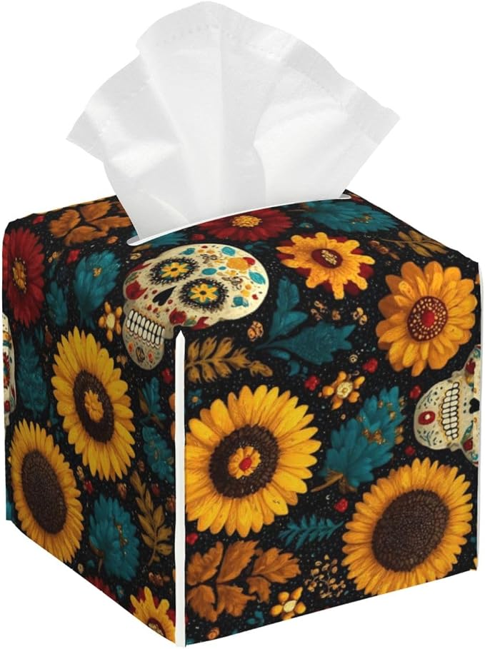 Tissue Box Cover Bottom Opening 5.2 in Cube-Sugar Skull - skull toilet paper