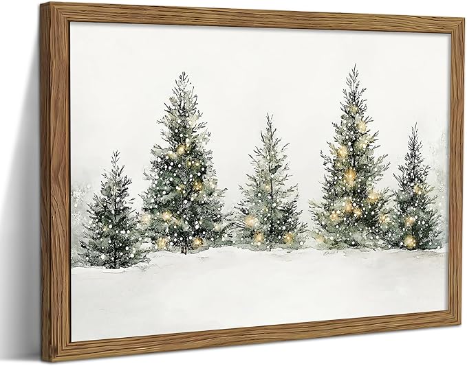 Vintage Christmas Pine Tree Wall Art, Nature Snowy Forest Canvas Wall Decor Painting, Neutral Farmhouse Christmas Landscape Artwork Prints Pictures for Living Room Bedroom 16x24 Inch Wood Framed - skull wall art