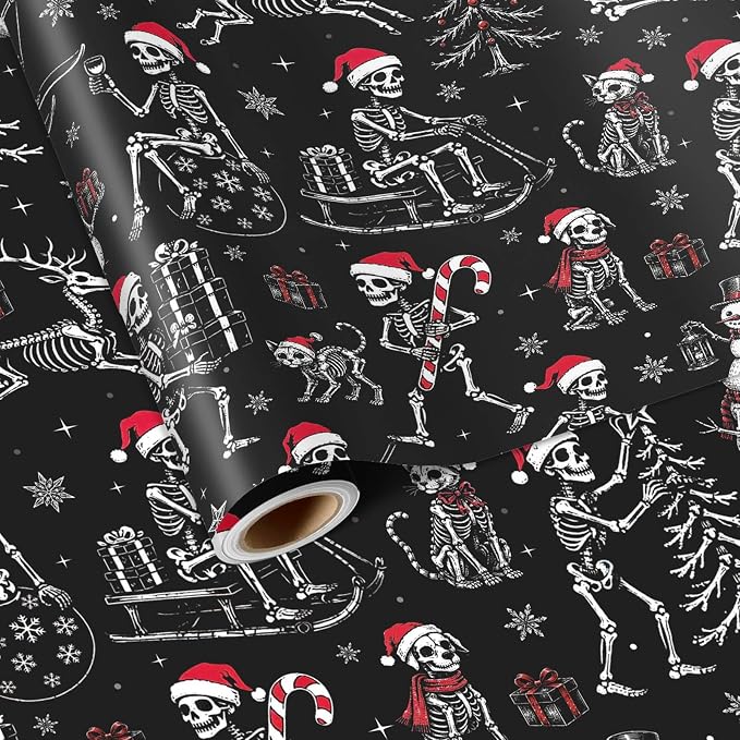 Liobelon Gothic Christmas Wrapping Paper Roll, Black Skeleton Gift Wrap - skeleton