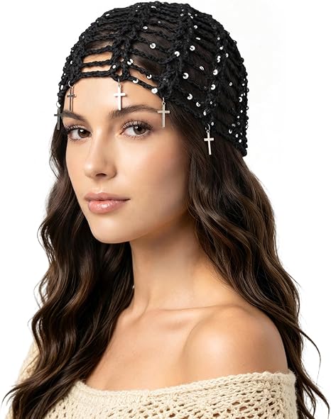 Peicees Sequin Crochet Hat with Cross Pendent Glitter Skull Cap - skull hat
