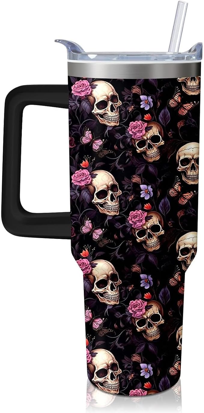 Skull Tumbler with Handle and Straw,40 oz Skeleton Rose Butterfly Stainless Steel Insulated Cup with Lid and Straw,Goth Travel Coffee Mug Water Bottle,Birthday Halloween Mothers Day Gifts for Women - skull bottle