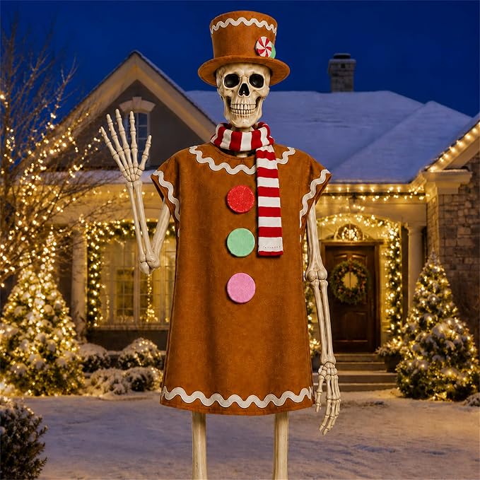 3 Pcs Gingerbread Outfit Set for 12 Ft Skeleton Christmas Yard Decor - skeleton