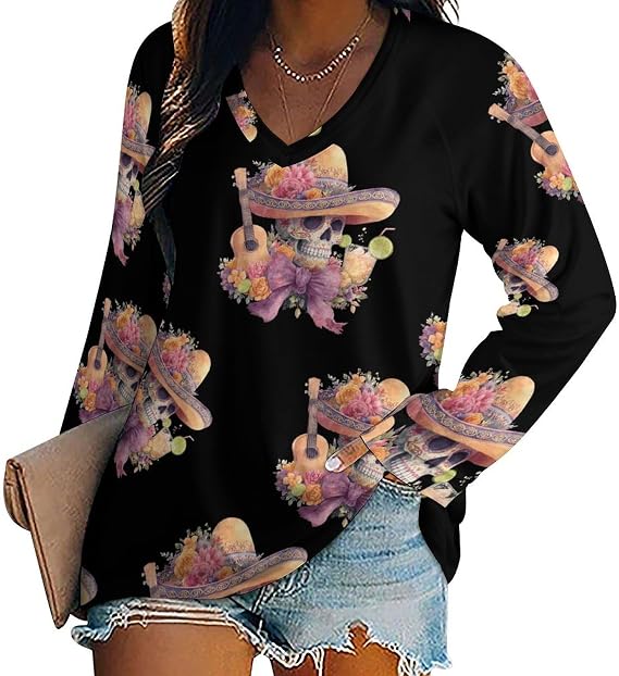 Mexican Sugar Skull Womens Shirts V Neck Loose Fit Tops 5XL - skull sweatshirts