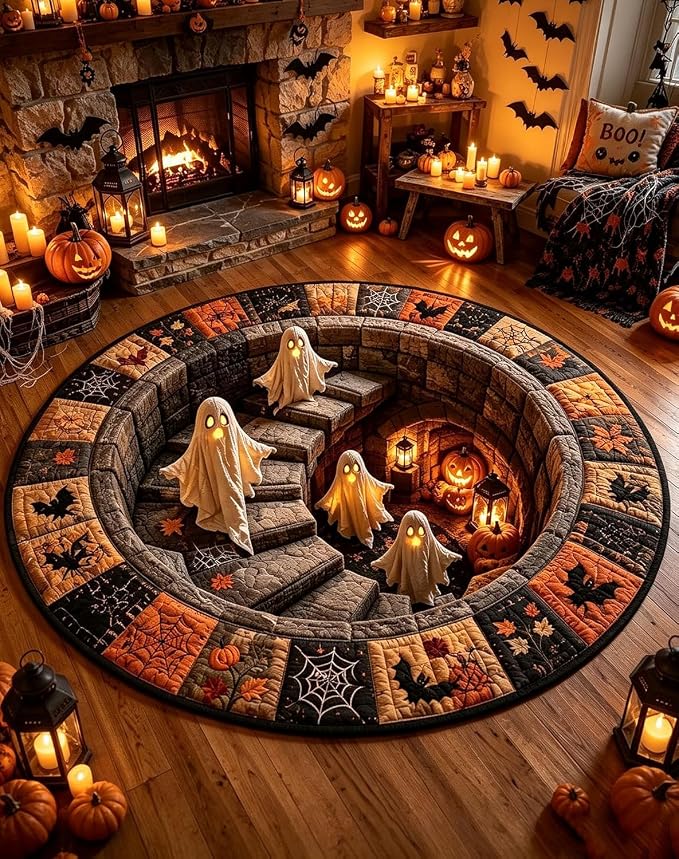 KLIFE 3D Halloween Rug, Skeleton Vortex Optical Illusion Round Mat, Soft & Durable Fabric Non-Slip Modern Home Decor (Style D)