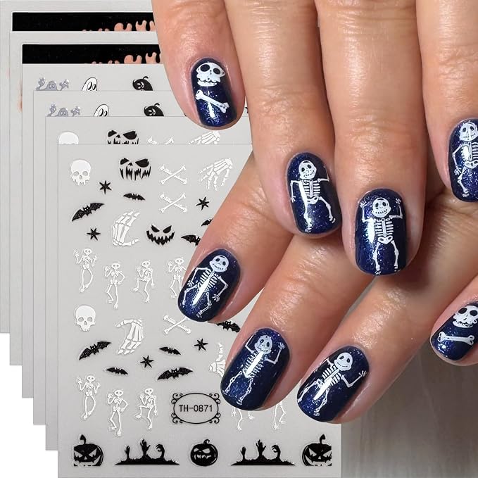 Halloween Nail Stickers Skull Ghosts Nail Decals 3D Self-Adhesive Nail Art - skull sticker
