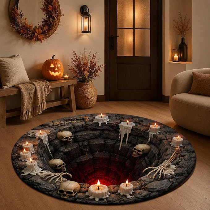 KLIFE 3D Halloween Rug, Skeleton Vortex Optical Illusion Round Mat, Soft & Durable Fabric Non-Slip Modern Home Decor (Style E) - skull carpet